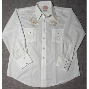 Vintage H Bar C Ranchwear White Western Pearl Snap Shirt Embroidered Mens 17-33